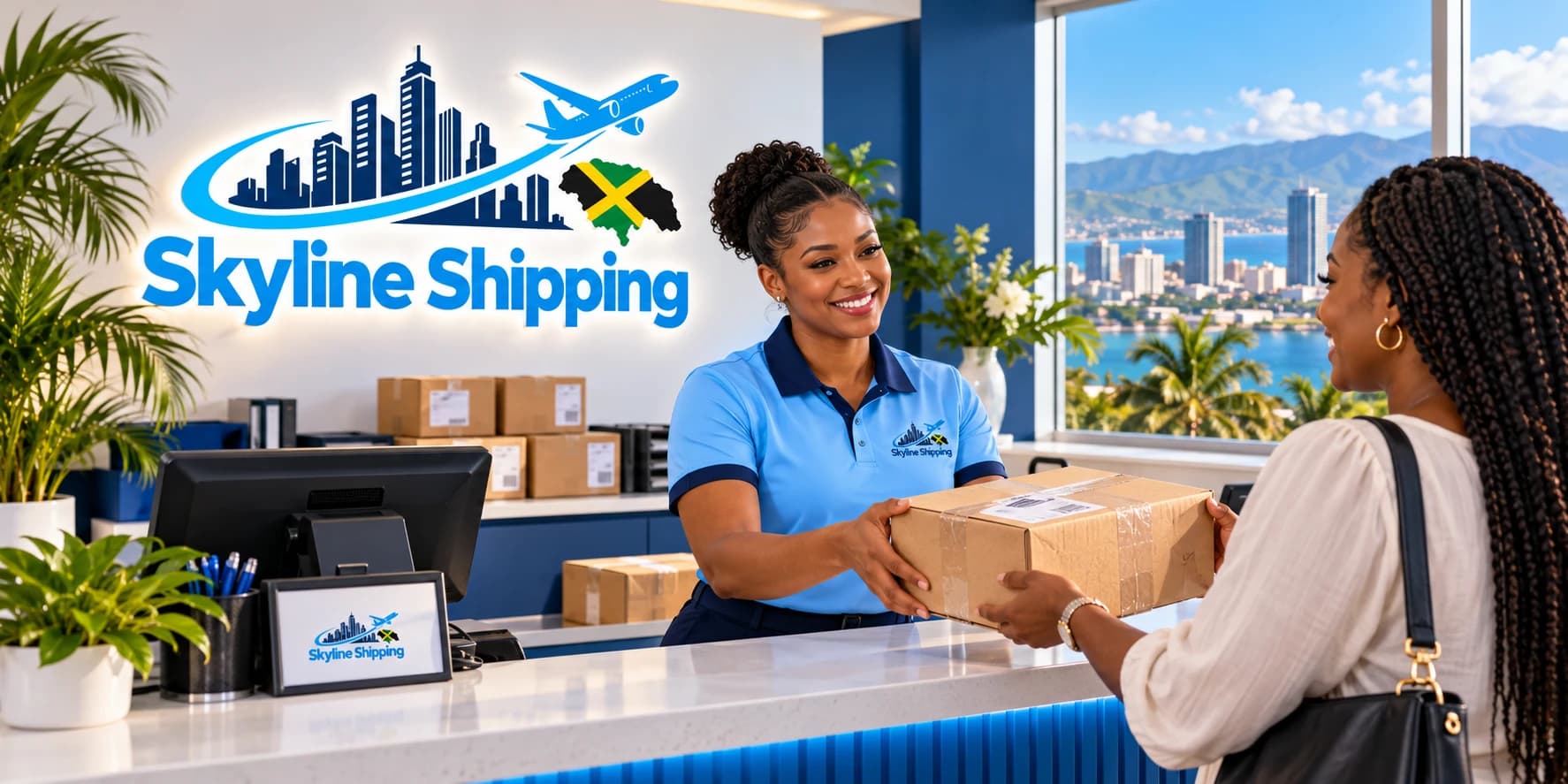 New Skyline Shipping branded artwork showing a courier handing a parcel to a customer at a collection counter