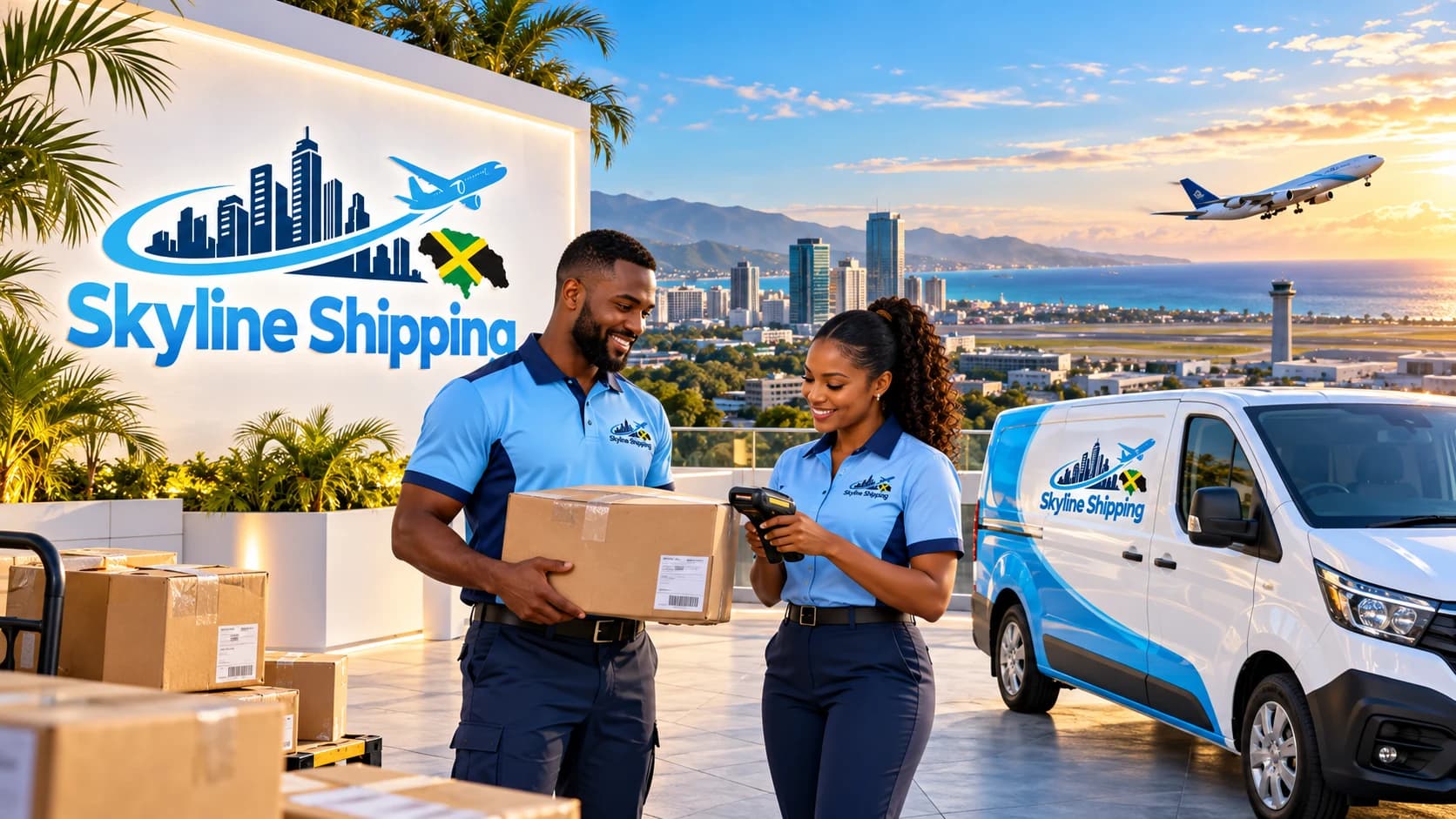 Skyline Shipping branded courier team preparing a parcel beside a blue-and-white van